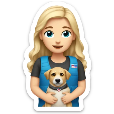 Girl with blonde hair and blue eyes holding a austalian shepherd dog stuffed animal that has a vest on that says emotional support  sticker