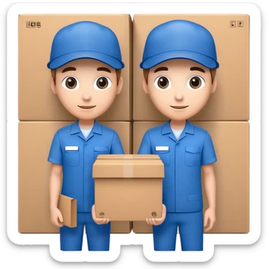 two suppliers standing together holding a big box, both wearing blue caps and blue work uniforms sticker