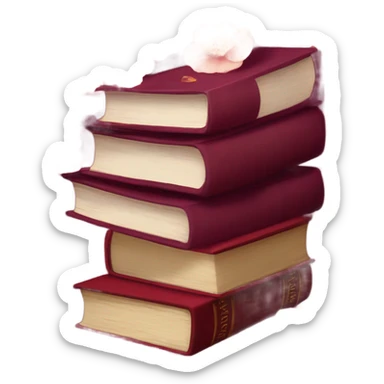 A burgundy book pile with deep red camellias and dried flower petals sticker