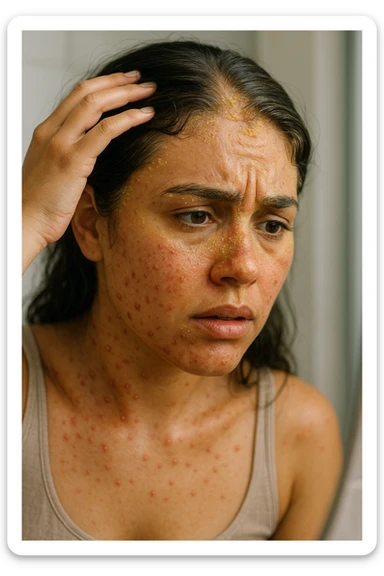 A highly realistic, cinematic close-up portrait of a young woman in her late 20s with medium skin tone, displaying visible folliculitis and seborrheic dermatitis. Small, red, inflamed follicular papules and pustules are scattered along her hairline, jawline, and upper neck, indicating folliculitis. Her scalp and areas around the nose and eyebrows show flaky, greasy yellowish scales, with redness and irritation, indicating seborrheic dermatitis. Her hair appears slightly greasy and clumps near the scalp, emphasizing excess sebum production. She gently touches her irritated scalp with concern while looking at herself in a softly lit bathroom mirror, expressing discomfort and frustration. The environment is neutral and clean, with daylight softly illuminating the scene to highlight the skin and scalp texture. The style is 35mm hyperrealistic, with warm neutral tones and shallow depth of field to maintain focus on her skin, inflammation, and emotional expression, visually explaining the physical discomfort and aesthetic concerns of living with folliculitis and seborrheic dermatitis sticker