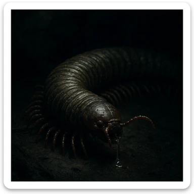 a gross millipede, realistic texture, drooling, creepy atmosphere sticker