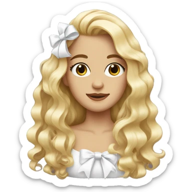 Long blonde wavy hair with a white bow sticker