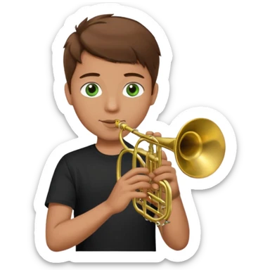 young man with brown hair that goes up, green eyes who plays a trumpet, black t shirt sticker