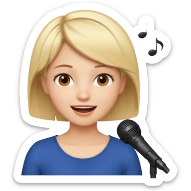 Crea una chica cantando con pelo rubio corto con ojos cafes  sticker