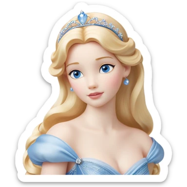Cinematic Realistic Cute Cinderella Portrait, featuring fair, luminous skin with finely detailed texture and softly lit golden-blonde hair cascading in gentle waves. Her warm, inviting blue eyes sparkle with youthful charm and curiosity, while her classic, elegantly draped ball gown reveals meticulously rendered fabric details and natural folds. The overall composition is bathed in a gentle, realistic radiance that exudes both playfulness and heartfelt beauty. sticker