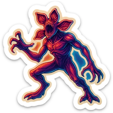 Demogorgon in a dramatic pose with glowing neon outlines, 80s retro neon style, inspired by Stranger Things series sticker
