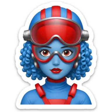 blue curly haired girl with huge earrings, wearing red paintball helmet and eye protection, only face  sticker