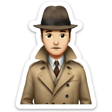 Icon for Detective Movie: A vintage movie poster-style design featuring a mysterious detective, shadowy alleys and a foggy cityscape. Include classic noir elements like a fedora, trench coat, and a dimly lit street. Bold typography and retro cinematic style. Transparent background. sticker