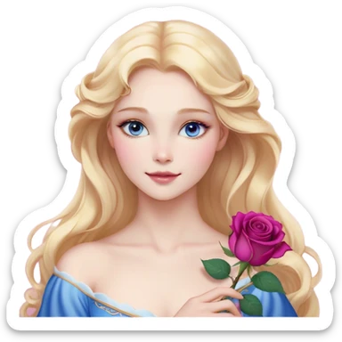 Cinematic Realistic Sleeping Beauty (Aurora) Portrait, with porcelain-like skin featuring a natural rosy flush, illuminated by soft lighting that highlights the gentle contours of her face. Her golden blonde hair flows in soft, detailed waves with subtle highlights that shimmer in the light. Her deep violet-blue eyes radiate warmth and innocence, framed by arched brows and long lashes. With a soft, serene smile, she holds a delicate rose gently in one hand, her other hand resting lightly by her side. She is dressed in her classic pink gown, the fabric rich in texture with delicate folds that catch the light. A golden crown rests atop her head, gleaming with royal refinement. The portrait captures a soft, glowing aura, blending realism with an ethereal sense of beauty and timeless enchantment. sticker