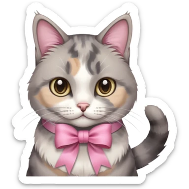 Sitting Dilute grey calico cat with pink ribbon sticker