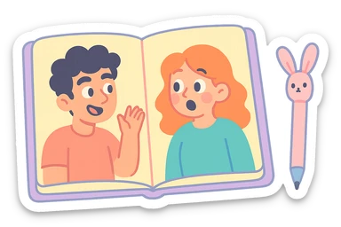 notebook open spread with a pen with ears lying next to it, pastel toon style, pastel colors sticker