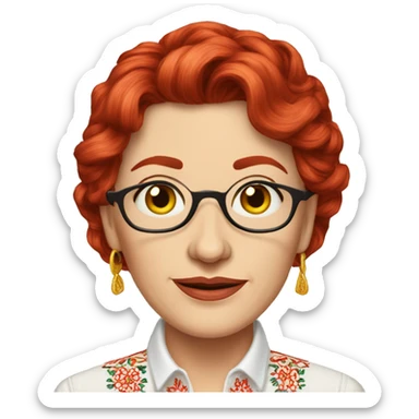 A middle-aged Ukrainian woman writer in an embroidered shirt with red hair
 sticker