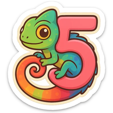 vibrant colorful chameleon wrapped around the number 5, its tail and body forming the shape of the digit sticker