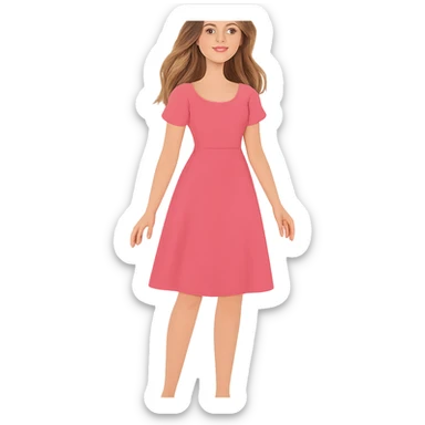 pretty girl with bronde hair wearing a pink dress, full body, friendly expression, clean background, modern illustration style sticker