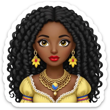 Colombian, pretty lips, colombian clothes, very dark skin, long black curly hair, jewelry, pretty bratz baddie, black eyeliner sticker