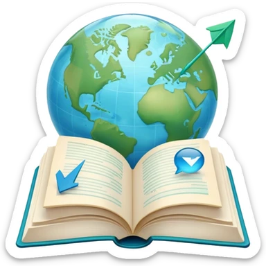 Create an emoji representing language translation. The design should feature an open book or a document with text in multiple languages (e.g., English, Spanish, Chinese), and a translation icon (such as an arrow between two languages) to symbolize the process of converting text. Include elements like a globe or a speech bubble to represent global communication. Use clear, simple lines and a color palette with blues, greens, and subtle neutral tones to convey the idea of clarity and understanding. Make the background transparent. sticker