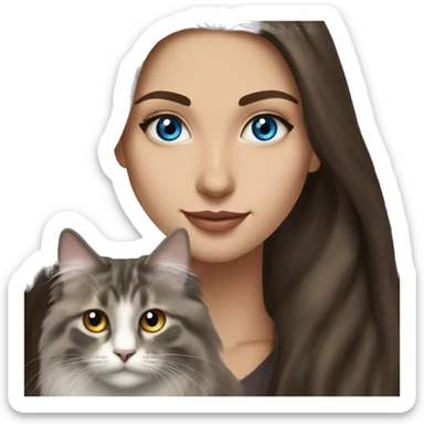 long straight haired blue eyed brunette woman holding norwegian forest cat with amber eyes sticker