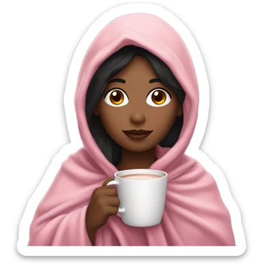 Fair skin woman  with black hair, in pink blanket drinking hot cocoa  sticker