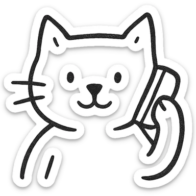 cat using a phone, hand drawn black outline style sticker