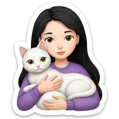 black-hair-girl snuggle with white cat sticker