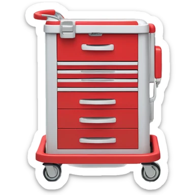 Singular Red medical crash cart is a mobile, multi-drawer unit designed to store and organize emergency medical supplies and equipment and a cardiac defibrillator on top sticker