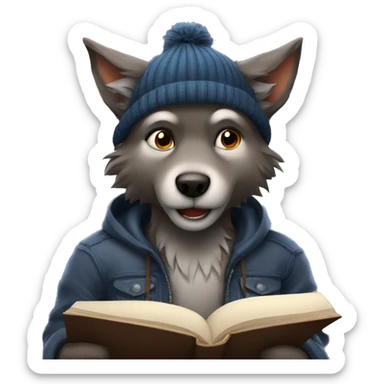 cute werewolf with a beanie reading a book  sticker