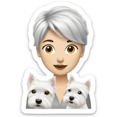 Gray short hair lady fair skin with 3 westies with bed hair sticker