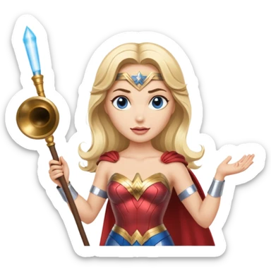 Blonde blue eyed Wonder Woman holding white orchestra conductor’s baton and bell sticker