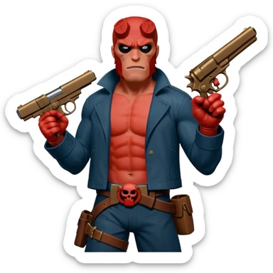 cinematic realistic superhero Hellboy by Mike Mignola jumps with a bronze pistol sticker