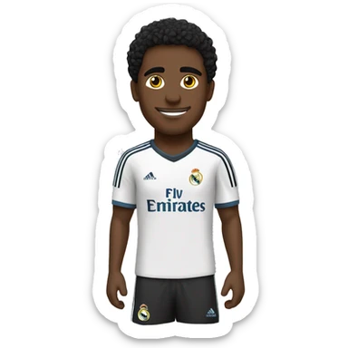 Jugador de fútbol negro con camiseta del Real Madrid, pelo negro y rizado. sticker