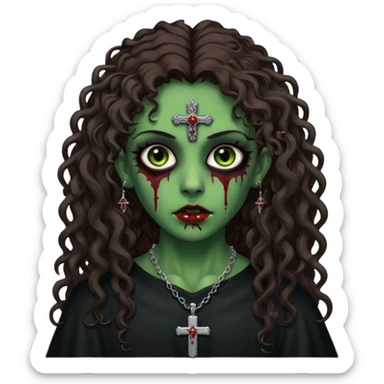 Zumbi verde com olhos castanhos aspecto de que tá sangrando, com cabelo marrom cacheado longo um piercing do lado esquerdo do nariz, roupa preta e crucifixo como colar, e também delineador  sticker