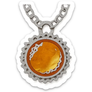 Add a silver chain or ornate setting to the round cut holographic amber charm, keeping the extreme close-up and original style sticker