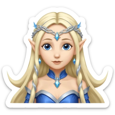 a girl elf with very long blond hair and a twisted headpiece, she's got pointy ears and a blue/silver dress sticker