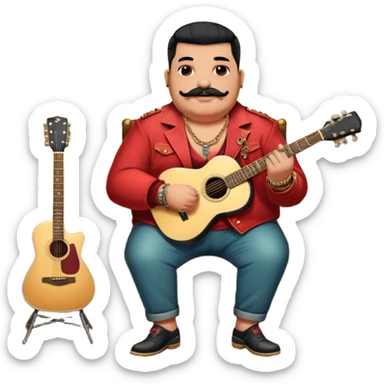 Icon for Chanson: Old fat chanson singer with tattoos and small moustache, red jacket, gold chains and braslettes, sitting on a chair with an acoustic guitar and standing microphone. No earrings. The atmosphere should reflect a nostalgic, soulful vibe with vintage elements. Transparent background. sticker