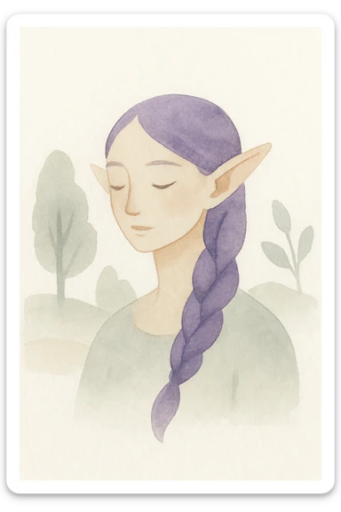 gentle elf with long braided purple hair, nature background, soft watercolor style sticker