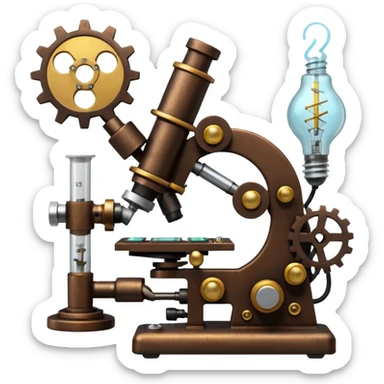 science, chemicals, mechanical gears, steampunk, electronics, electric wires, light bulbs, resistors, ic, physics, microscope, nuclear model, radioactivity sticker