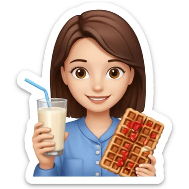 A happy girl with chocolate waffle in hand And 1 milk glass in other hand sticker