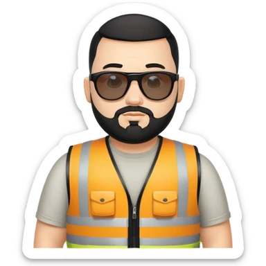 Man with black hair, a little chubby with sunglasses, and visibility vest and a beard. buzz cut sticker