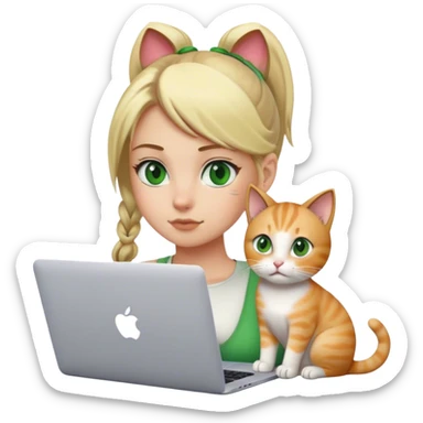 Blonde girl ponytail green eyes with apple MacBook and a cat sticker