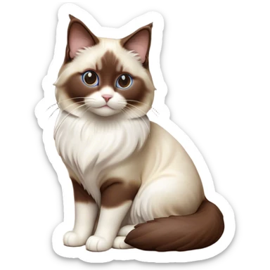 Cinematic Chocolate-Point Ragdoll Cat Portrait Emoji, Elegant and alert, sleek brown and white tones with a distinct white nose, Simplified yet sharp features, highly detailed, glowing with a warm, confident glow, high shine, intelligent and poised, stylized with an air of grace, focused and attentive, soft glowing outline, capturing the essence of calmness and elegance, so lifelike it feels as though it could spring into motion with a gentle, poised presence at any moment! sticker
