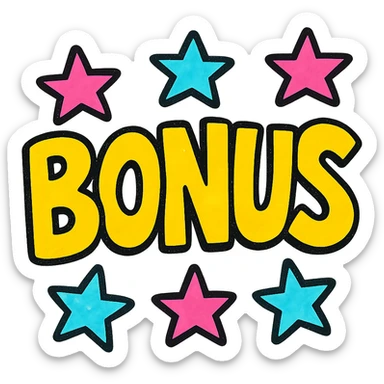 the word BONUS in large letters, all the same bright color, surrounded by stars, no background or sign behind, just the letters and stars, colorful style sticker