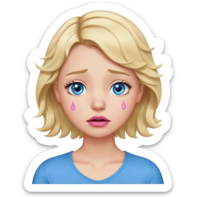 Girl Blonde short wavy hair,  blue eyes, cute blue top, long lashes, pink lips,crying with big tears running down the face  sticker