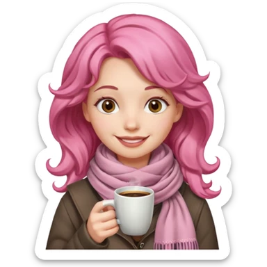 a girl with pink wavy hair, having scarf,  drink coffee, enjoy sticker