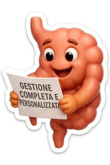 emoji stile iphone di un intestino umano anatomico ED ESPRESSIONE FELICE MENTRE LEGGE con foglio in mano con la scritta "GESTIONE COMPLETA E PERSONALIZZATA"
IPERREALISTICO 4K sticker