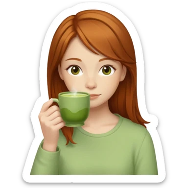 girl with brown and ginger hair drinking a matcha tea sticker