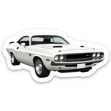 Perfectly structured white 1971 Dodge Challenger from Death Proof, exact 30-degree perspective showing front and side, maintaining authentic muscle car proportions, all-white finish, iOS emoji style sticker