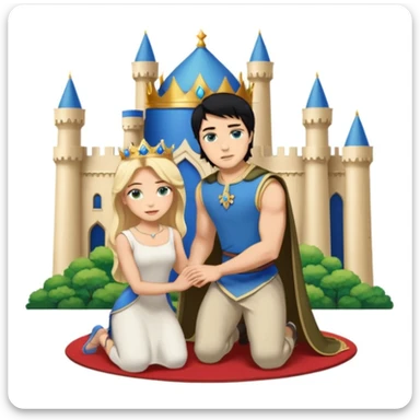 Man as king, standing, black Hair, blue eyes, woman, blonde, green eyes, shott white sleveless Dress, kneeling, background palace sticker