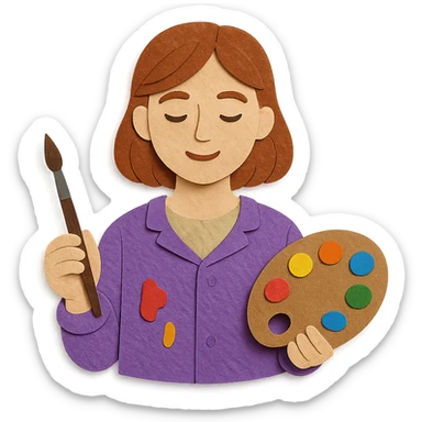 Serene female oil painter, Caucasian features, shoulder-length auburn hair, soft brown eyes, gentle smile, wearing a violet painter’s smock lightly stained with paint over a beige blouse, holding a wooden palette with vibrant colors in one hand and a brush in the other, waist-up, front-facing sticker