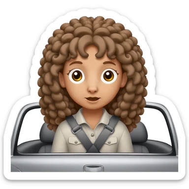 a sheep with long brown curly hair and brown eyes on a grey car sticker