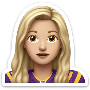 White Girl with long, dark blonde hair. She is wearing a purple and yellow football jersey sticker